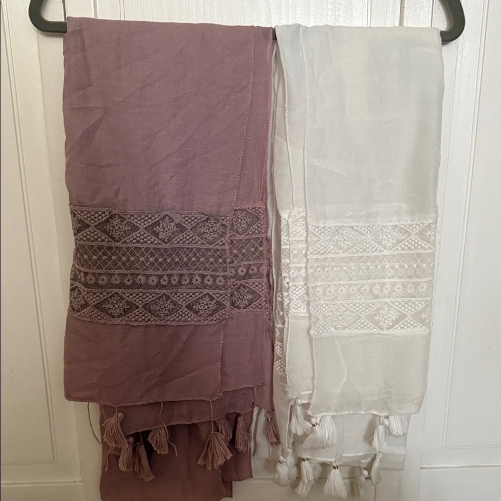 2 Embroidered Tassel Scarf Duo - Mauve & White cotton